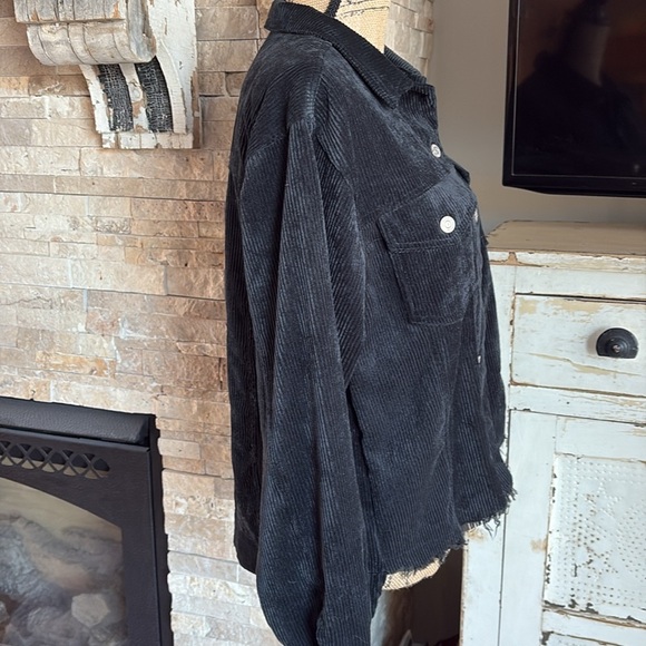 Zenana black corduroy jean jacket style shirt jacket shacket front raw hem - Picture 7 of 16